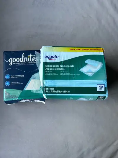 Disposable Underpads Bed Mats Goodnites ~ Package of 9 Equate ~ Package of 40 Brand new, sealed pack...