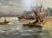 Antique European Marine Painting - Ships, Paddle Wheeler