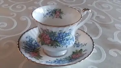 PARAGON BONE CHINA CUP SAUCER - BLUE, PINK FLOWERS - ENGLAND, View more
