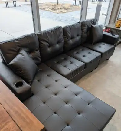 4 seater black leather L shape sofa for sale on discount, View more