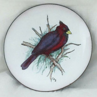 Vintage Red Cardinal Bird Enamel on Copper Plate