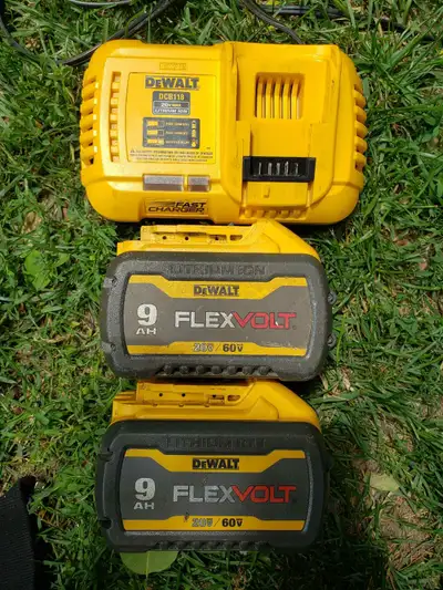 Two DEWALT 9Ah FLEXVOLT Batteries and DCB118 Fast Charger, View more