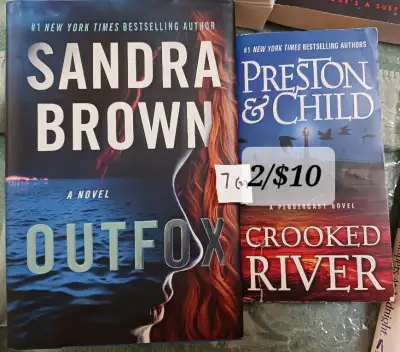 2/$10: Murder Mysteries Adult Fiction: OUTFOX, hard cover copy by Sandra Brown. CROOKED RIVER by Pre...