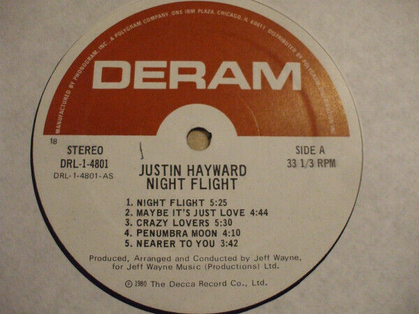 Justin Hayward (ex The Moody Blues) "Night Flight" 1980 Vinyl LP in CDs, DVDs & Blu-ray in Ottawa - Image 3