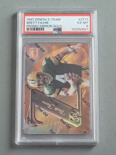 This is a 1997 Pinnacle Zenith Brett Favre Z-Team Mirror Gold #ZT11 Promo card Graded PSA 6 EX-MT. N...