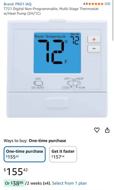 Selling a new PRO1 IAQ T721 digital non-programmable, multi-stage thermostat with heat pump (2H/1C)....