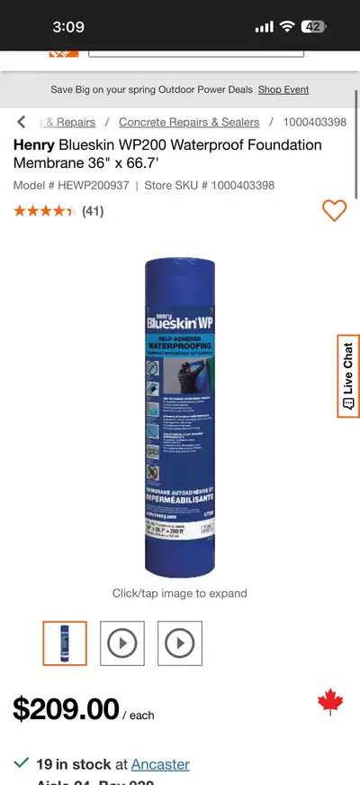 I'm offering a new roll of Henry Blueskin WP200 Waterproof Foundation Membrane, measuring 36" x 66.7...