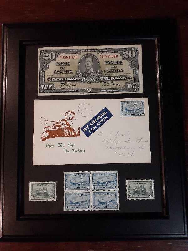 Canada 1937 coronation  ww2 and German stamps and bills framed in Arts & Collectibles in Edmonton