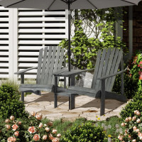 Double Wooden Adirondack Chair with Middle Table, Outdoor Patio 