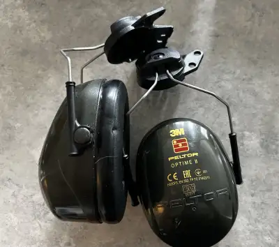 Like New (barely used) 3M PELTOR Optime ii helmet mounted earmuffs, yellow earmuffs and thin safety...