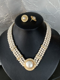 Vintage faux pearls/diamonds necklace & earrings