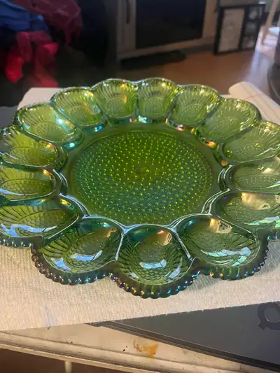 Carnival glass egg relish dish $20- box is beat up from storage