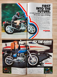 Honda 1978 Two Page Color Print Ads CX-500 & Hawk