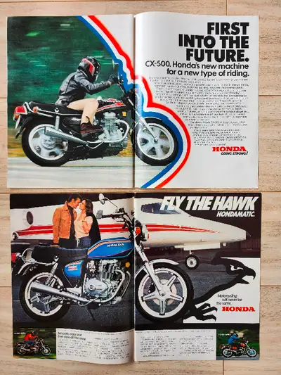 23 09 07 sTON500H Honda 1978 Two Page Color Print Ads CX-500 & Hawk Who knew vintage advertisements...