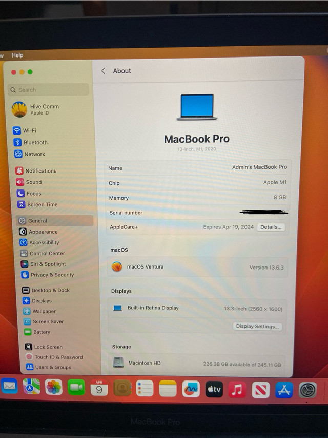 MacBook Pro (13-inch, M1, 2020) with AppleCare+ in Laptops in Mississauga / Peel Region - Image 4