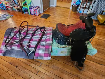 Horse saddle, saddle blanket and bridle for sale, View more