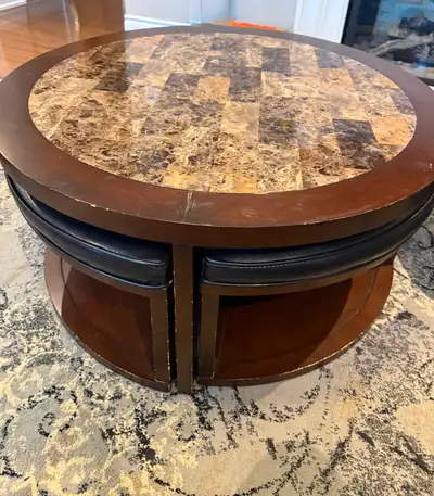 Round Marble Top Coffee Table with 4 Nesting Ottomans, View more