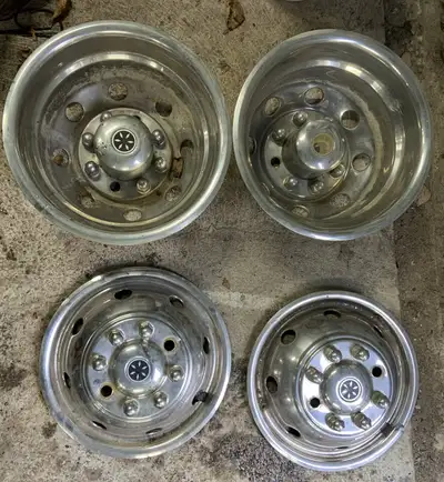 Set of four chrome hubcaps for 16” 8 bolt dually wheels.