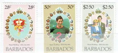 Une série de 3 timbres neufs de BARBADOS (CARAÏBES), de l'année 1981, "MARIAGE ROYALE / ROYAL WEDDIN...