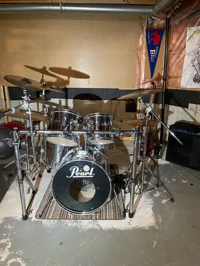 Vintage Pearl Export Mirror Chrome Drum Kit + Rack +DBL BASS ped, View more