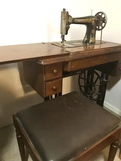 Vintage Singer Treadle Sewing Machine with Stool, View more