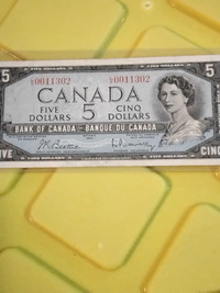 1954 Canada $5 Banknote. Modified Portrait. Error Note. Low Seri
