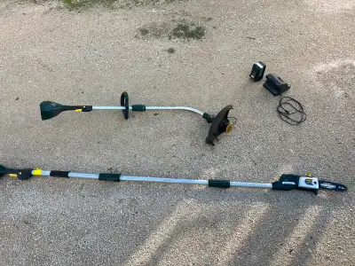 Yardworks 20 V cordless weedeater, and pole saw, View more
