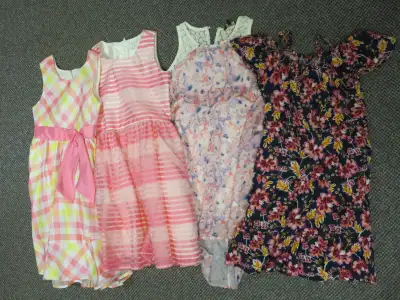 2 girl fancy dresses in Plaid size 8 and Stripe size 12 Pale flower dress is size 14 and darker one...