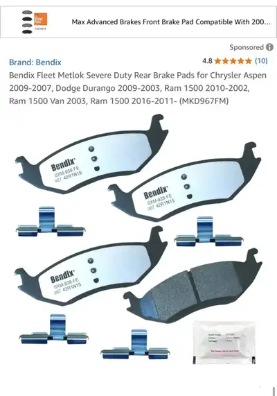 BENDIX - MKD967FM - Bendix Fleet Metlok Severe Duty Rear Set Brake Pads for Select Chrysler, Dodge,...