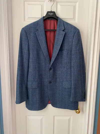 Men's Tessuto Italiano Wool Sport Jacket, Blue Plaid, Size 44R, View more