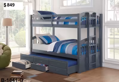 BRAND NEW ITEM! Twin over twin bunk bed with a pull-out single trundle bed and 3 pull-out storage dr...