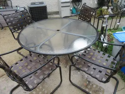 PATIO SET w/4 CHAIRS, TABLE & UMBRELLA w/STAND, View more
