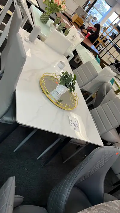 luxury rock board dining table set w 4 grey / white highback , View more