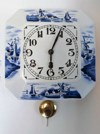 Antique 1930's - Wind-Up Porcelain Delft 8-Day Wall Clock w/ Key