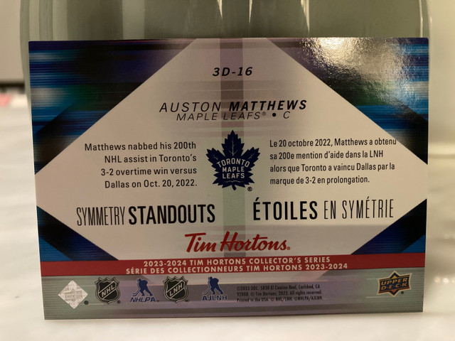Tim Hortons Upper Deck Hockey Card Auston Matthews 3D 16 SS NEW in Arts & Collectibles in Hamilton - Image 2