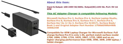 Surface Pro 65W Power Adapter for Microsoft Surface Pro X/3/4/5/6/7/8/9 + 102W, 44W 36W 24W+ A1706 M...