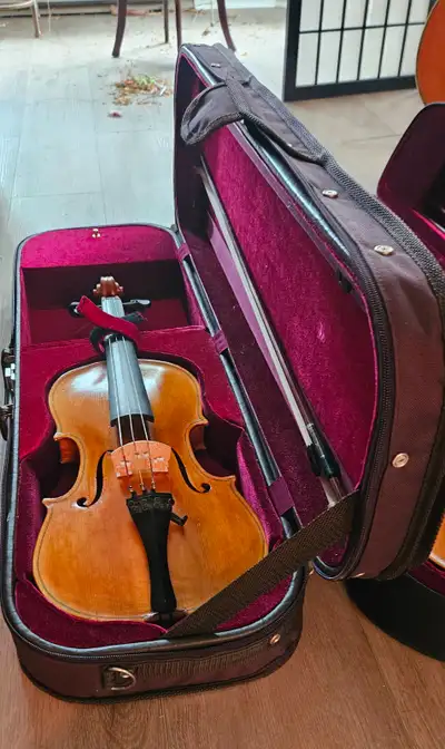 Violins with cases and bows., View more