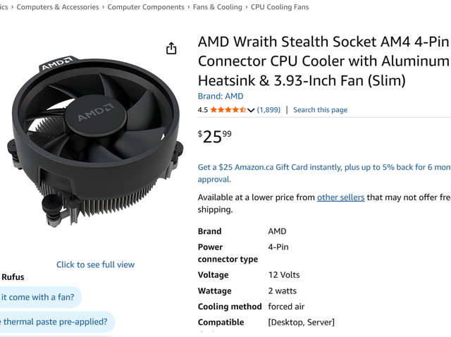 AMD Wraith Stealth Socket AM4 4-Pin Connector CPU Cooler (Slim)417010725422387203