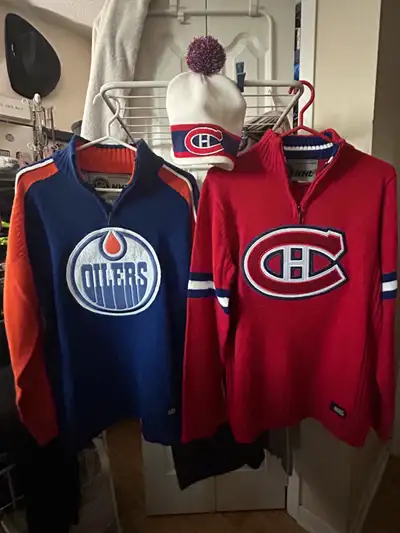 Go team! Official NHL licensed products: Men’s size Large (oilers) and men’s Medium (Canadiens) knit...