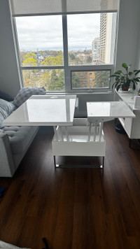 Coffee table converts into 8 people dinning table with storage