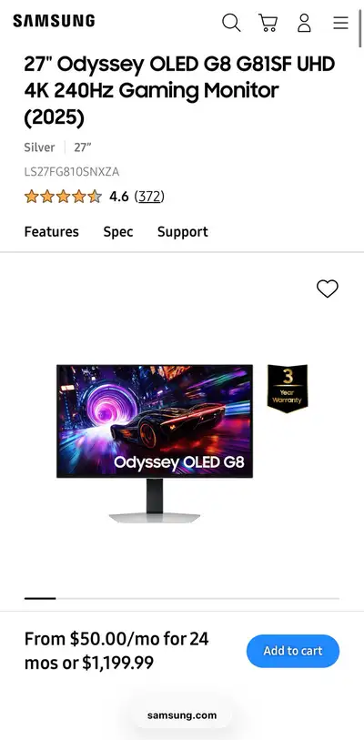 27" Odyssey OLED G8 G81SF UHD 4K 240Hz Gaming Monitor (2025), View more