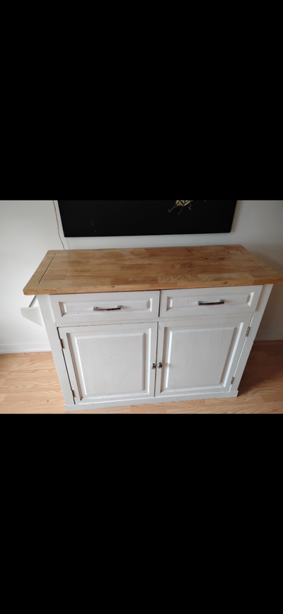 White kitchen island with storage and cupboards, View more