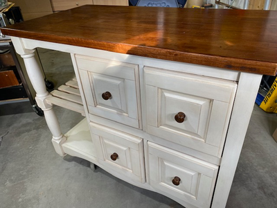 Vintage solid wood cabinet table with 4 drawers and 2 shelves, View more