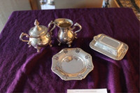 English reproduction silver plated set butter dish cream sugar