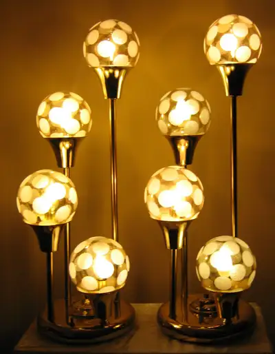 MCM Brass Four Stem Trumpet Lamps with Iridescent Glass Globes, View more
