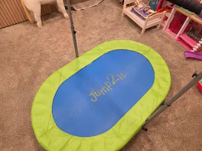 Trampoline is in decent shape, with some wear on the handle bar and the threads in one of the leveli...