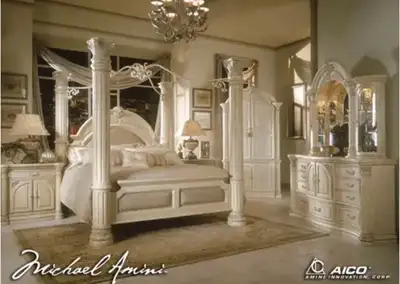 Michael Amini by Aico -Four post bed (leather inserts) -Marble top Dresser with glass door vanity an...