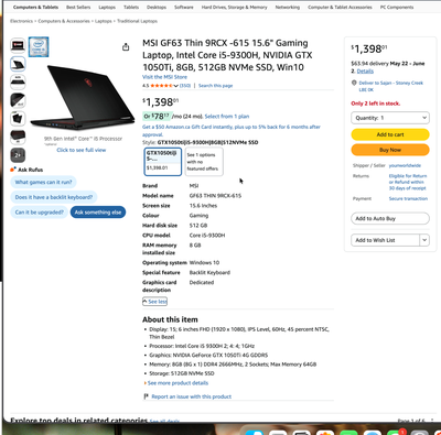 Selling my MSI GF63 Thin 9RCX gaming laptop. • Intel Core i7-9750H (2.60 GHz) • 15GB RAM • 1TB SSD (...