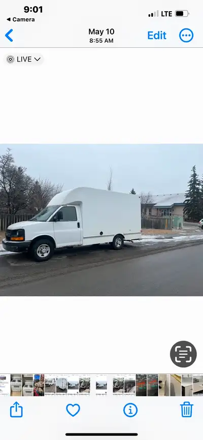 Chev Express Cutaway Van, 4.8 Vortec, Auto, Air, 12 ft Fiberglas box c/w barn doors & shelving , rea...