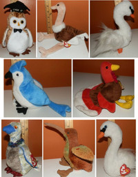 8 TY Beanie Baby Toys - Swan - Owl - Kiwi - Buzzard - Blue Jay